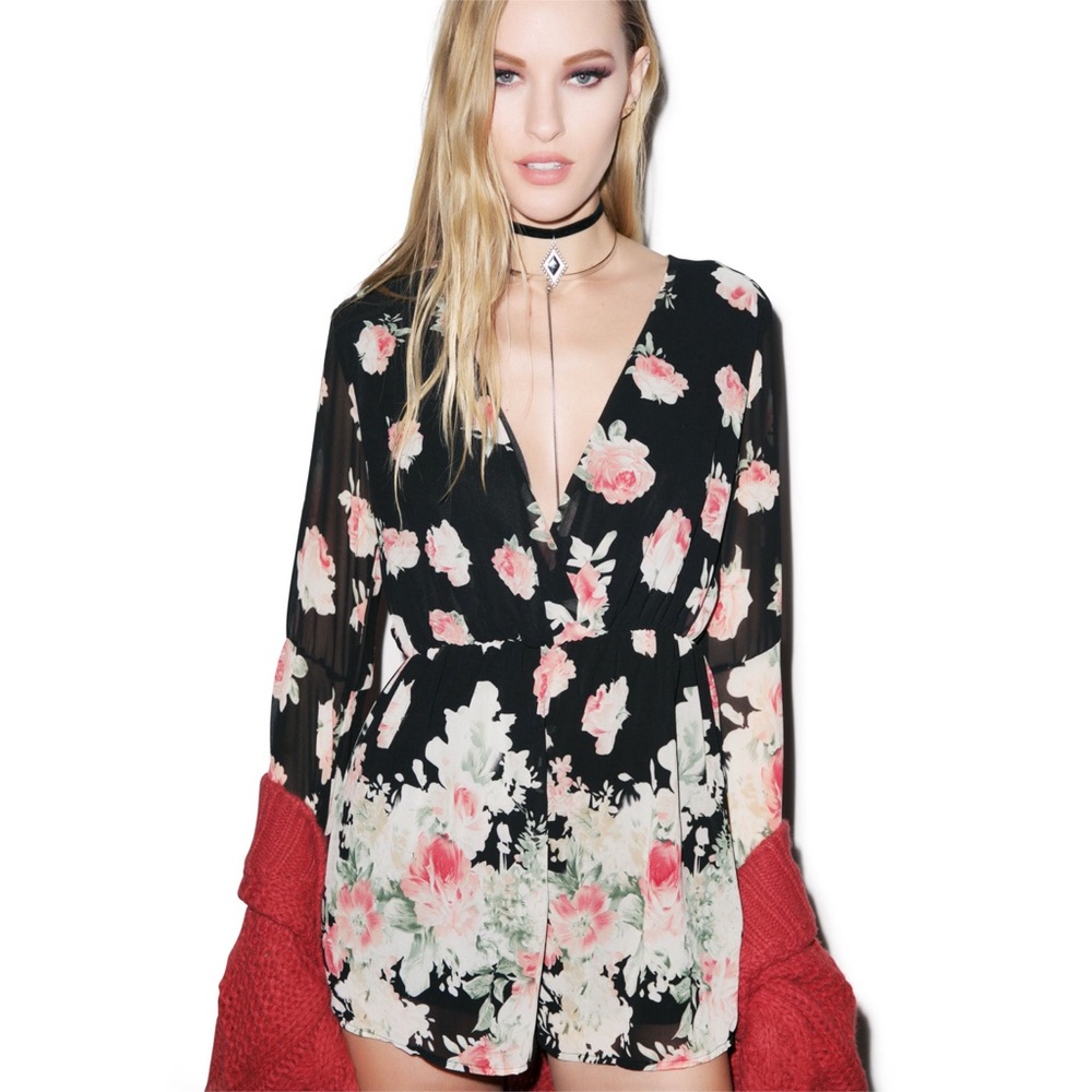 Choies Black Multicolored Floral Chiffon V-Neck Bell Long Sleeve Flowy Romper - Picture 2 of 13